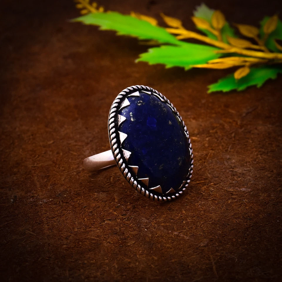 Anello Fatto A Mano In Argento Sterling 925 Con Gemma Di Lapis Lazuli Blu 9.25" - Immagine 1 di 3