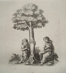 Kinder schnitzen an Bäumen Liebe Kinderspiel Kupferstich P. van der Aa 1703 - Picture 1 of 1