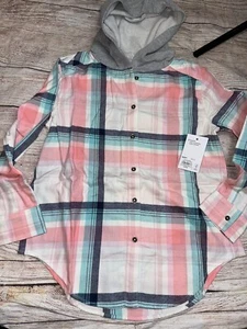 Girls SO Hooded Plaid Flannel Small (7) Pink Navy NEW - Picture 1 of 1