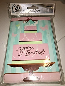 NEW 20 INVITATIONS NOTE CARDS & ENVELOPES WEDDING BIRTHDAY BRIDAL SHOWER CAKE - Picture 1 of 3