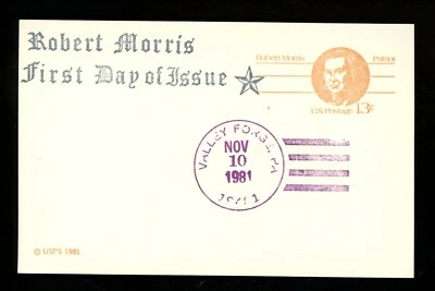 US FDC #UX93 Unknown 1981 Valley Forge PA Robert Morris Patriot Card Unofficial - Image 1 of 2