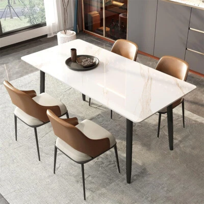 White Dining Table for 4-6 Kitchen Table with Marble Sintered Stone Table Top - Image 1 of 4
