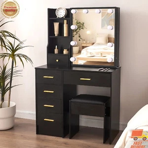 Black Vanity Desk with Mirror and Stool Dimmable LED Dressing Table w/ 6 Drawers - Picture 1 of 11