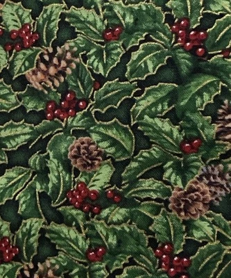 Cotton Fabric Green Holly Red Berries Pinecones Gold Metallic Accents 31" x 44"W - Image 1 of 3