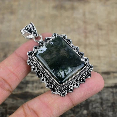 Indiano Muschio Agata Gemma a Mano 925 Pendente Argento Sterling Gioielli Per - Immagine 1 di 4