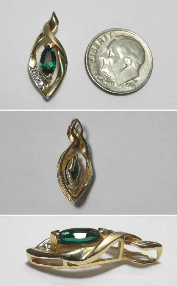 Pingente deslizante de ouro amarelo sólido 14K V014 Estate esmeralda sintética e diamante - Imagem 1 de 1