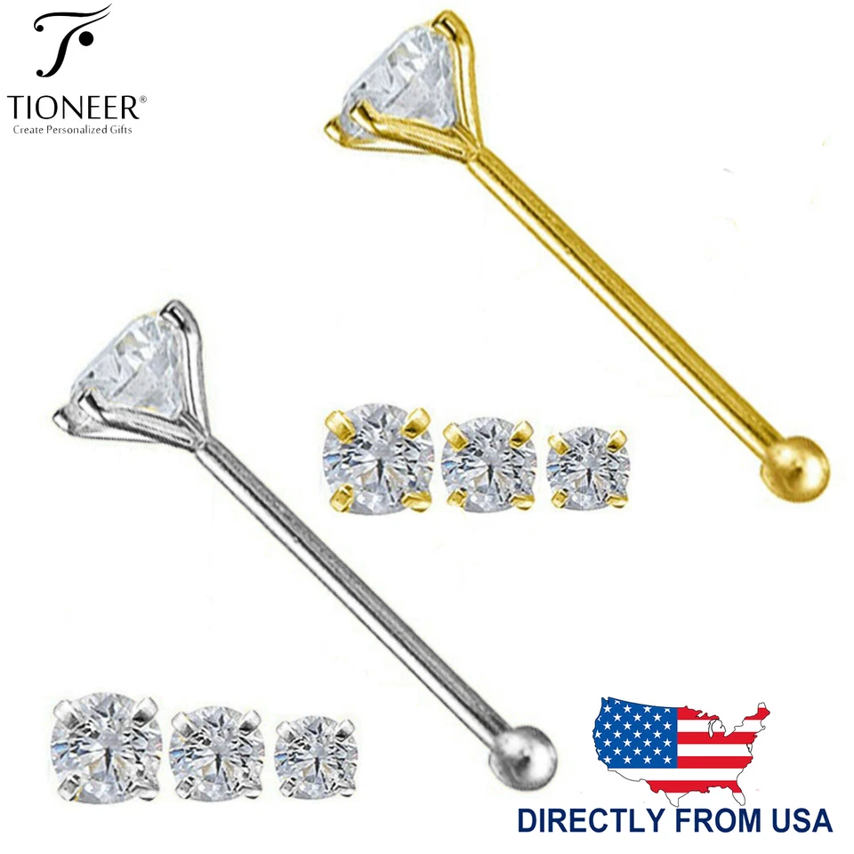 14K Solid Gold Round Cubic Zirconia Body Jewelry End Bone Nose Stud 25g 1mm-2mm - Image 1 of 4