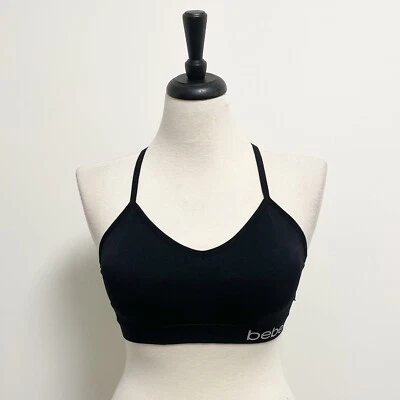 Bebe Black Metallic Silver Logo V Neck Racerback Lace Bralette Removable Pads 1X - Image 1 of 4