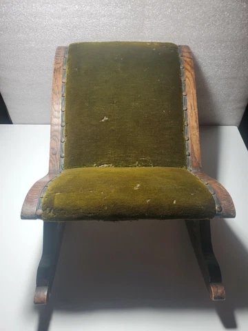 Victorian Antique Tiger Oak crushed velvet doll/child's wood Rocking chair Rare Cover