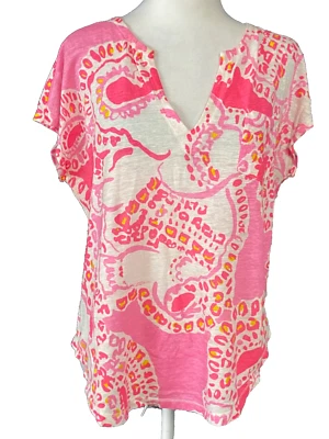 Lilly Pulitzer Womens Blouse Small Pink Elephant Print Linen Pocket Tee T-Shirt - Изображение 1 из 4