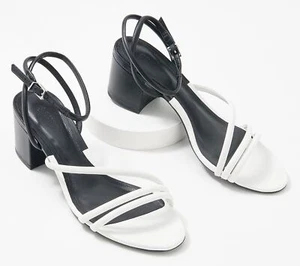 Schutz Leather Mid Block Heeled Aiyra Sandals Black White 11/M New - Picture 1 of 1
