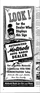 Anuncio impreso de radio de coche Motorola de colección 1941 efímero arte de pared decoración tono Vita demostración - Imagen 1 de 1