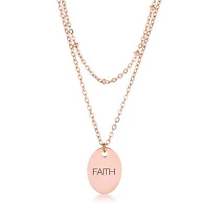 Rose Gold Plated Double Chain 'FAITH' Word Script Oval Disc Layered Necklace 18" - Picture 1 of 1
