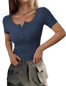Women'S 2025 Summer Short Sleeve Tops Ribbed Knit Henley Button up Slim Fit Basi - Picture 1 of 12