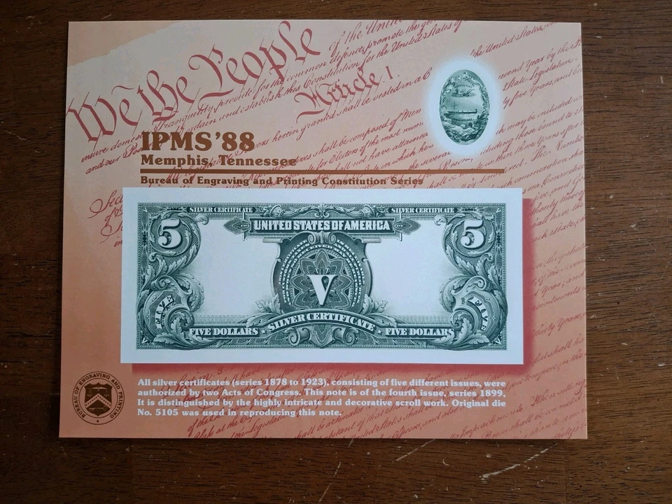 BEP Souvenir Card 1988 IPMS in Memphis Back of Series 1899 $5 SC  B-115 - Image 1 of 1