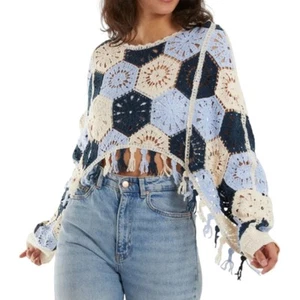 House Of Harlow 1960 Blue and Cream Crochet Fringe Sweater Shrug Coverup One Siz - Picture 1 of 11