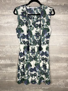 Green Blue Artsy Floral Tassel Drop Cinch Waist Dress Sz L Boho Fall Transition - Picture 1 of 23