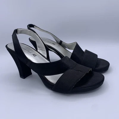 American Eagle BLACK Tie Heels Shoe 9.5 Satin Cross Strap Open Toe Party Formal - Image 1 of 4
