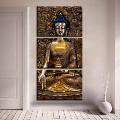 Póster de arte de pared con impresión en lienzo de 3 piezas de estatua de Buda dorado decoración del hogar Foto 1 de 4