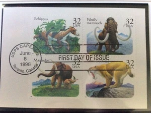 The World Of Dinosaurs 🦕 June 8 1996 4 Stamps First Day Issue Woolly Echippus - Picture 1 of 3