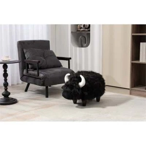 Harry the Cow Storage Ottoman with Long Black Fur Wood Frame - Picture 1 of 7
