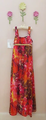 Usado en Excelente Condición Vestido Roxette Mangas con Tirantes Forrado Naranja con Estampado Floral Multicolor Talla 14 Foto 1 de 4