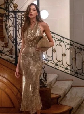 ZARA NUEVO CON ETIQUETAS MUJER VESTIDO SIN MANGAS HALTER DORADO MALLA DORADO | 9767/625/302 TODAS LAS TALLAS Foto 1 de 4