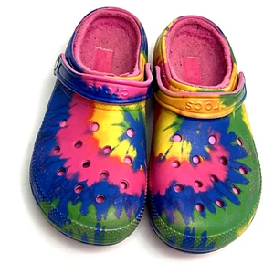 Tie Dye Crocs Faux Fur Pink Lined Size Unisex Men 10 Women 12 Made in Vietnam - Picture 1 of 12