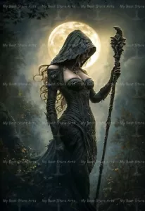 MOONLIGHT MAGIER KUNSTDRUCK, Gothic Witchy Deko, Sexy Frau Fantasy Poster E739 - Bild 1 von 2