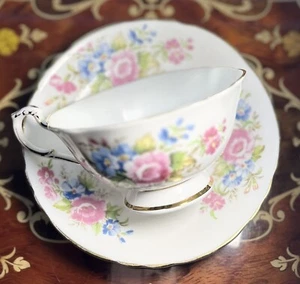 Vintage Paragon Bone China Fuchsia, Blue Floral Tea Cup &Saucer, Double Warrant - Picture 1 of 9