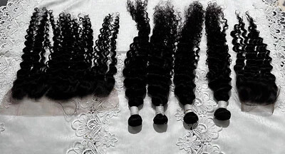 Paquetes y 2 cierres de tejido de cabello remy brasileño humano real rizado 100 % natural Foto 1 de 4