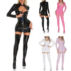 Women Wet look PVC Leather Bodycon Clubwear Mini Dress Top / Shiny High AU - Picture 1 of 54