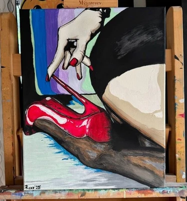 «Прямо до точки» | Живопись на холсте, поп-арт, красные насосы, чулки - Изображение 1 из 4