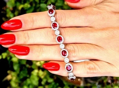 8 克拉椭圆形切割实验室红色红宝石女式网球手链 14K 白金饰面 — 第 1/3 张图片