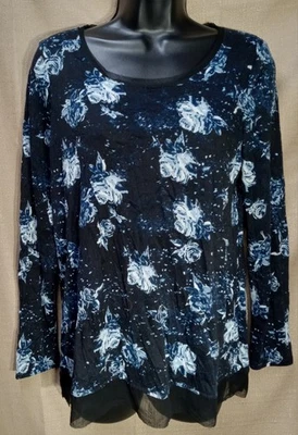 SIMPLY VERA WANG Size Petite Small Blue Floral Long Sleeve Crinkle Polyester Top - Image 1 of 4