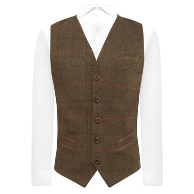 De Luxe Dijon Marron Motif Chevrons Gilet, Tweed - Photo 1/4
