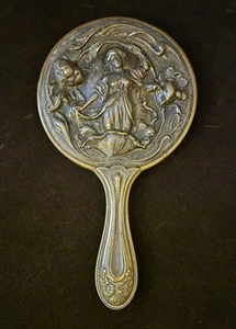 Antique Art Nouveau Silver Repousse Nymph Maiden Floral Vanity Hand Mirror 9.5" - Picture 1 of 13