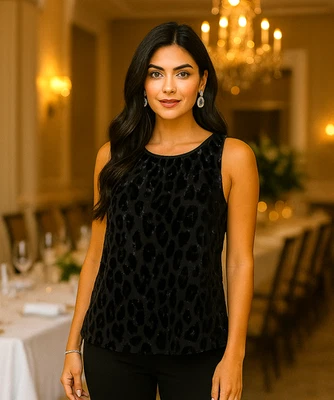 Blusa túnica forrada diseño leopardo terciopelo negro sin mangas Ann Taylor talla XS Foto 1 de 4