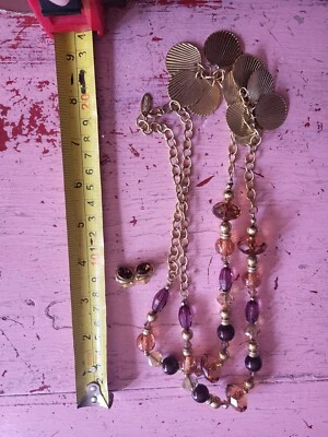 Shell dangles gypsy boho brown stone necklace & earrings set cottagecore beads - Image 1 of 2