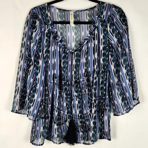 Just Jeans Womens Blouse Size 10 Blue Black Boho Sheer 3/4 Sleeve Tasselled - Picture 1 of 14
