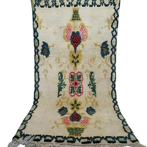 Vintage Moroccan Rug 6x3 Floral Cream Red Blue Handmade Wool Berber Carpet - Picture 1 of 24