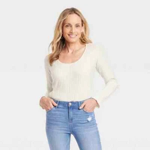 Knox Rose Women's Slim Fit Long Sleeve Ribbed T-Shirt White Size Large - Picture 1 of 7