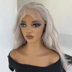 Silber Grau Lace-Frontal-Perücken Damen Hitzebeständiges Kunsthaar Long Wavy - Bild 1 von 9