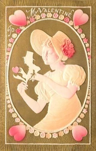 Airbrushed Embossed Valentine's Day Postcard Woman w/ Shadow Puppet - Picture 1 of 2