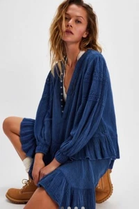 Free People Sachi Mini Dress Tiered Ruffle Hem Crochet Button V Big Dipper S NWT - Picture 1 of 6