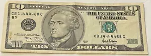FEDERAL RESERVE NOTE $10.00 TEN DOLLAR CIRCULATED 5 LUCKY FOURS 4'S CONSECUTIVE - Picture 1 of 2