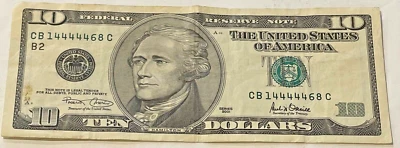FEDERAL RESERVE NOTE $10.00 TEN DOLLAR CIRCULATED 5 LUCKY FOURS 4'S CONSECUTIVE - Image 1 of 2