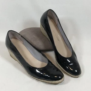 Salvatore Ferragamo Boutique Sz 9.5N Black Patten Leather Espadrille Wedge Heels - Picture 1 of 8