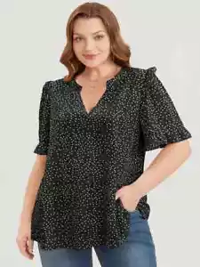 Bloomchic Polka Dot V Neck Ruffle Trim Blouse Short Sleeve Black 26 - Picture 1 of 7
