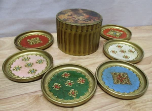 Set Of 6, Vintage Hand Painted Italian Florentine Coasters W/Box, Made In Italy - Picture 1 of 14
